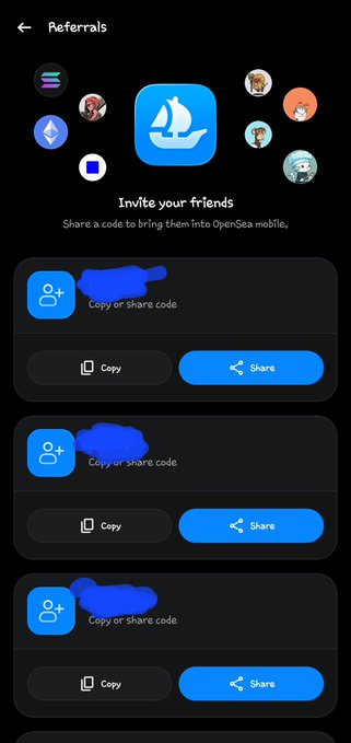 A screenshot of the OpenSea Mobile Referrals page displaying "Invite your friends" with six invite codes listed, each offering "Copy or share code" options to grant beta access to the app.
