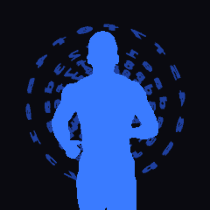 A blue silhouette of a person with hands on hips stands against a black background, surrounded by floating scattered letters forming a circular pattern.