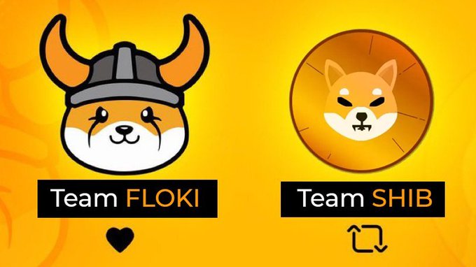 A yellow graphic comparing Team FLOKI (represented by a Shiba Inu dog wearing a Viking helmet with a heart symbol) versus Team SHIB (represented by a Shiba Inu dog face with a retweet/swap symbol).