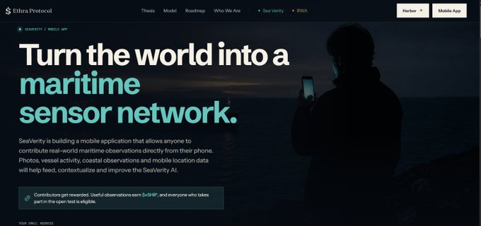 A screenshot of the SeaVerity mobile app website, featuring the headline "Turn the world into a maritime sensor network" alongside an image of a silhouetted figure holding a smartphone against a dark seascape. The page promotes a public alpha release on Ethra Protocol, inviting contributors to earn $vSHIP rewards for sharing real-world maritime observations, directly matching the post's announcement about the Android alpha launch.
