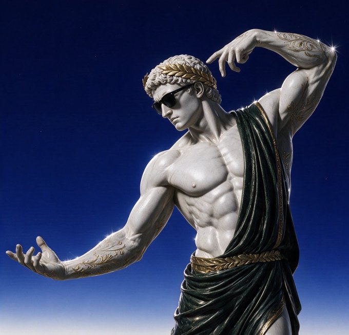A digital artwork depicting a muscular, marble-like statue of a figure with a laurel wreath and sunglasses, wearing a dark green draped garment with gold accents, striking a pose against a deep blue background.