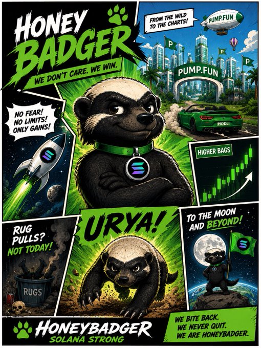 A vibrant promotional poster for 'Honey Badger' cryptocurrency on Solana, featuring comic book-style panels with phrases like 'WE DON'T CARE. WE WIN', 'NO FEAR! NO LIMITS! ONLY GAINS!', 'TO THE MOON AND BEYOND!', and 'HONEYBADGER SOLANA STRONG'.