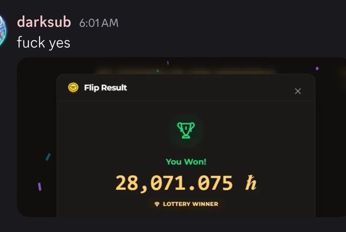 A Discord message screenshot from 'darksub' at 6:01 AM saying 'fuck yes', showing a 'Flip Result' notification for winning 28,071.075 coins as a lottery winner.