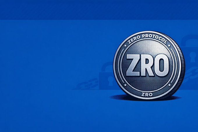 A promotional graphic for the ZRO (Zero Protocol) cryptocurrency coin, displayed as a silver metallic coin against a blue background with subtle lock icons.