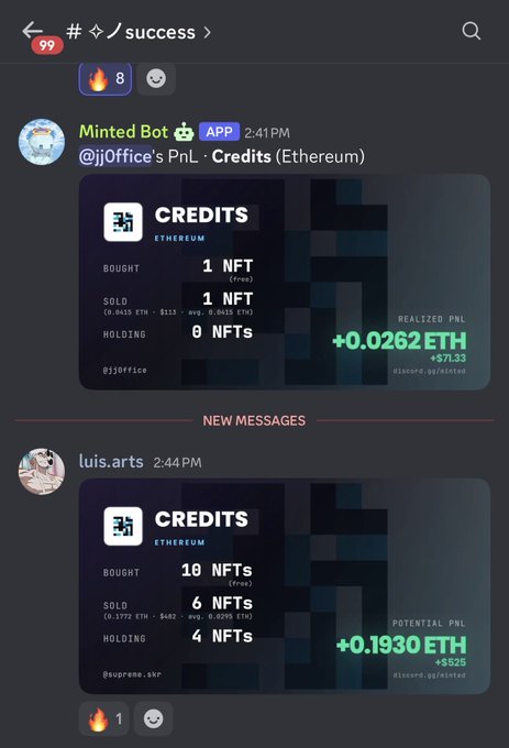 A screenshot of a Discord channel "#⌛/success" showing two "CREDITS" PnL cards from Minted Bot reporting trades on Ethereum. The first card for @jj0ffice shows a realized PnL of +0.0262 ETH (+$77.82), while the second card for luis.arts displays a potential PnL of +0.1930 ETH (+$525), both celebrating successful NFT check sales as referenced in the post.