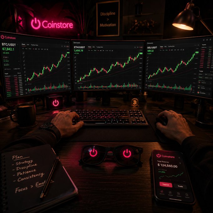 A dimly lit trading setup with multiple monitors displaying crypto charts for Coinstore, showing BTC/USDT, ETH/USDT, and SOL/USDT, with a phone displaying a $124,560.00 balance and a notebook listing 'Plan: Strategy, Discipline, Patience, Consistency'.