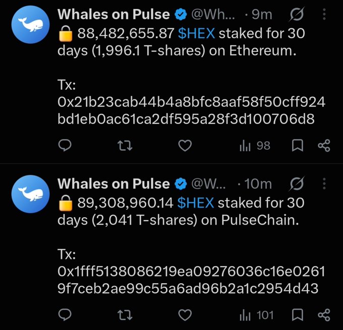Two tweets from 'Whales on Pulse' report large $HEX stakes: 88,482,655.87 $HEX staked for 30 days on Ethereum, and 89,308,960.14 $HEX staked for 30 days on PulseChain.
