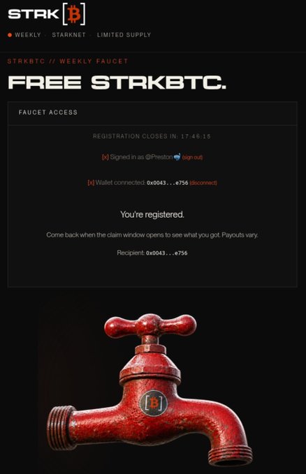A StarkNet faucet page titled 'STAK[B] WEEKLY FAUCET' showing a registered status with wallet details (0x0043...e756) and a 3D red faucet graphic at the bottom.
