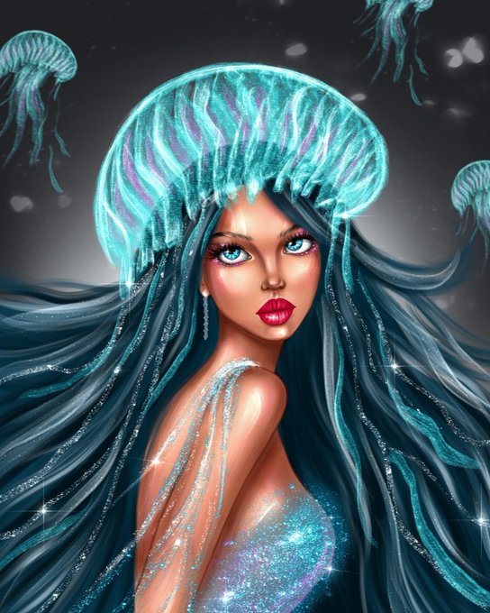 A digital fantasy illustration of a woman with flowing teal hair wearing a glowing turquoise jellyfish-like headdress, surrounded by smaller jellyfish in a dark underwater setting.