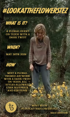 The image features a woman standing among yellow flowers, with a poster or sign behind her that reads "Look at the Flowers!". The text on the poster includes questions about floral events, such as "What is it?" and "When?". This suggests that there might be an upcoming event related to flowers or gardening.