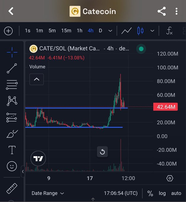 A TradingView chart of CATE/SOL on a 4-hour timeframe shows a volume of 42.64M, down -6.41M (-13.08%), with price action consolidating between horizontal support around the lows and resistance near 42.64M after a sharp pump-and-fade spike. The caption supports the post's bullish "$CATE" sentiment by highlighting the chart's apparent base-building structure around these levels as a potential accumulation zone.