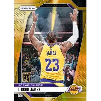 A gold-bordered Panini Prizm basketball trading card featuring LeBron James #23 in a Lakers jersey, numbered 9/10, showcasing him from behind with arms raised in his signature celebration pose. The image directly illustrates the post's praise for Panini's physical card collecting model by displaying a rare, serialized (9/10) insert card—the kind of verifiably scarce collectible that embodies the "rip packs, chase rares" thrill highlighted in the caption.