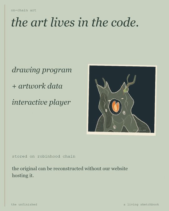 An informational graphic titled 'the art lives in the code.' describes on-chain art components like 'drawing program', 'artwork data', and 'interactive player', noting it is 'stored on robinhood chain' and features an illustration of a horned creature.