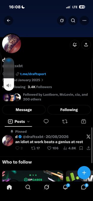 Screenshot of a Twitter/X profile for 'draftsxbt' (t.me/draftsport) showing 3.4K followers, a pinned tweet about 'an idiot at work', posted January 2025.