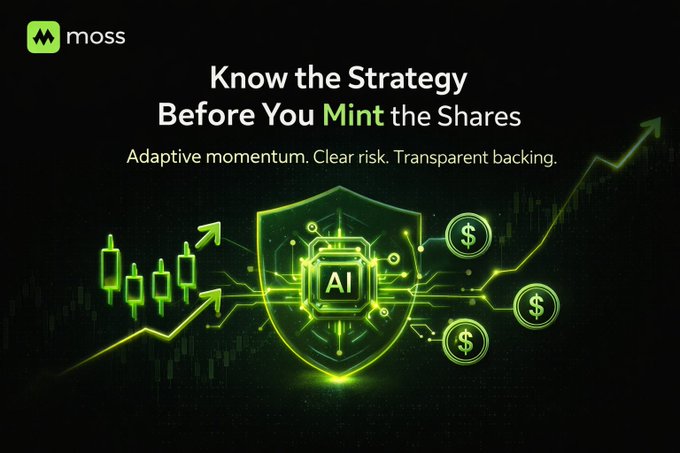 A marketing graphic for 'moss' with the headline 'Know the Strategy Before You Mint the Shares', highlighting features like 'Adaptive momentum. Clear risk. Transparent backing,' alongside neon green visual elements including an AI shield, candlestick charts, and dollar signs.