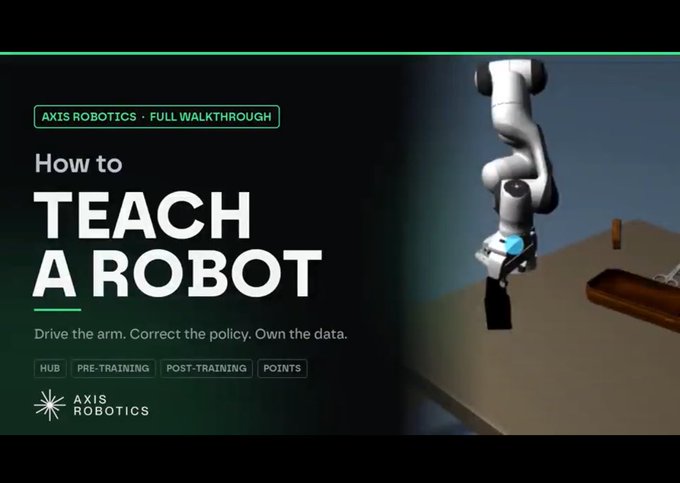 An AXIS Robotics promotional thumbnail titled 'How to TEACH A ROBOT' featuring a white robotic arm, with text 'AXIS ROBOTICS - FULL WALKTHROUGH', 'Drive the arm. Correct the policy. Own the data.', and tags 'HUB', 'PRE-TRAINING', 'POST-TRAINING', 'POINTS'.