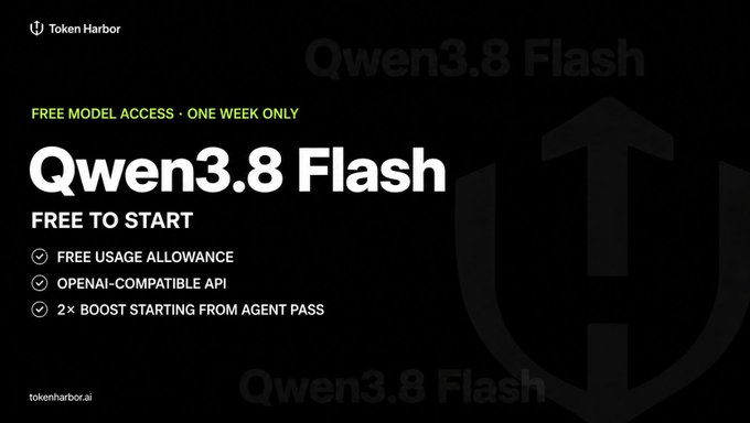 The image is a Token Harbor advertisement promoting "Qwen3.8 Flash" with a limited-time free access offer, highlighting key features like "FREE USAGE ALLOWANCE," "OPENAI-COMPATIBLE API," and "2× BOOST STARTING FROM AGENT PASS," aligning with the post's announcement of free trial access from Sep 20–27.
