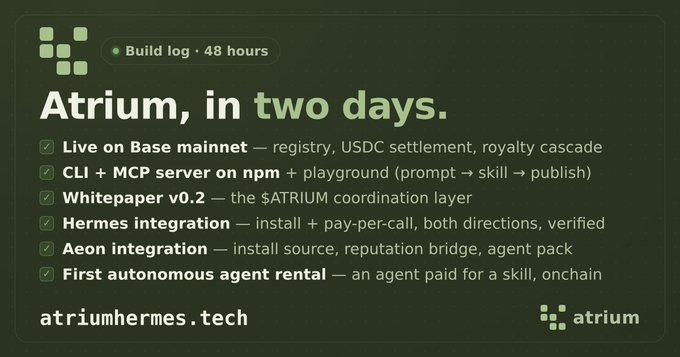 The image shows a green background with white text that reads "Atrium, in two days." Below this, there are bullet points explaining what was shipped on Atrium in 48 hours. The bullet points include details about the build log, live on Base mainnet, and the USDC settlement for the Royalty cascade.