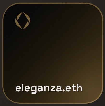 A dark brown gradient profile image with rounded corners, featuring a small gold logo in the top-left and the text 'eleganza.eth' displayed at the bottom.