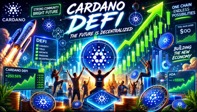 In the image, there are people gathered near a large billboard featuring an advertisement for Cardano DEFI. The poster includes images of various cryptocurrencies, such as bitcoin, altcoins, and fiat currency, with the crypto symbols displayed prominently across the design. The main focus is on the words "Cardano DEFI" written in white letters against a blue background, accompanied by an upward-pointing arrow symbolizing the company's future growth potential. Additionally, there are small dollar signs placed around the poster, possibly representing currency transactions or gains associated with the crypto market. This advertisement showcases Cardano DEFI and emphasizes its potential for financial success in the ever-changing world of cryptocurrency.