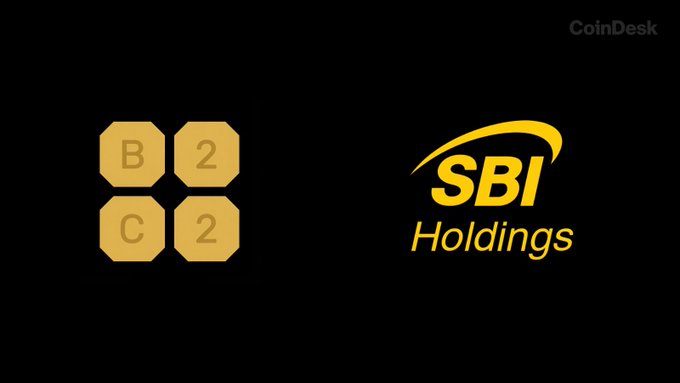 The image displays the logos of B2C2 and SBI Holdings side by side on a black background, with the CoinDesk logo in the top right corner. This visual accompanies a report about B2C2—90% owned by Japan's SBI Holdings—having engaged in takeover discussions with potential acquirers over the past 18 months.