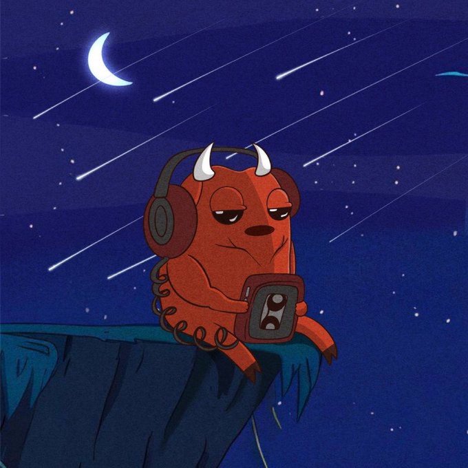 An illustration of a small red devil-like creature wearing headphones and looking at a phone, sitting on a cliff edge under a starry night sky with shooting stars and a crescent moon.