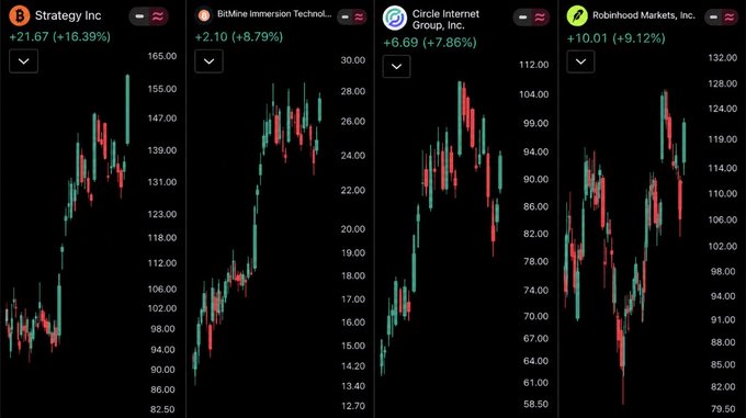 Four crypto-related stocks are displayed on candlestick charts showing strong upward momentum: Strategy Inc (MSTR) +21.67 (+16.39%), BitMine Immersion Technologies (BMNR) +2.10 (+8.79%), Circle Internet Group (CRCL) +6.69 (+7.86%), and Robinhood Markets (HOOD) +10.01 (+9.12%), visually illustrating the post's claim that these crypto stocks have delivered substantial gains since the July bottom.