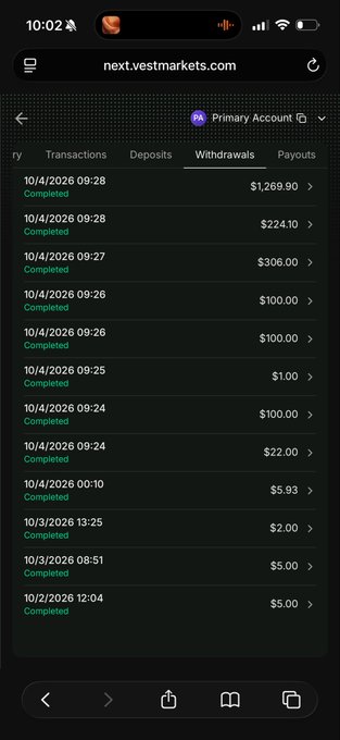 A mobile screenshot from next.vcsmarkets.com showing a withdrawal history with completed transactions ranging from $1.00 to $1,269.90.