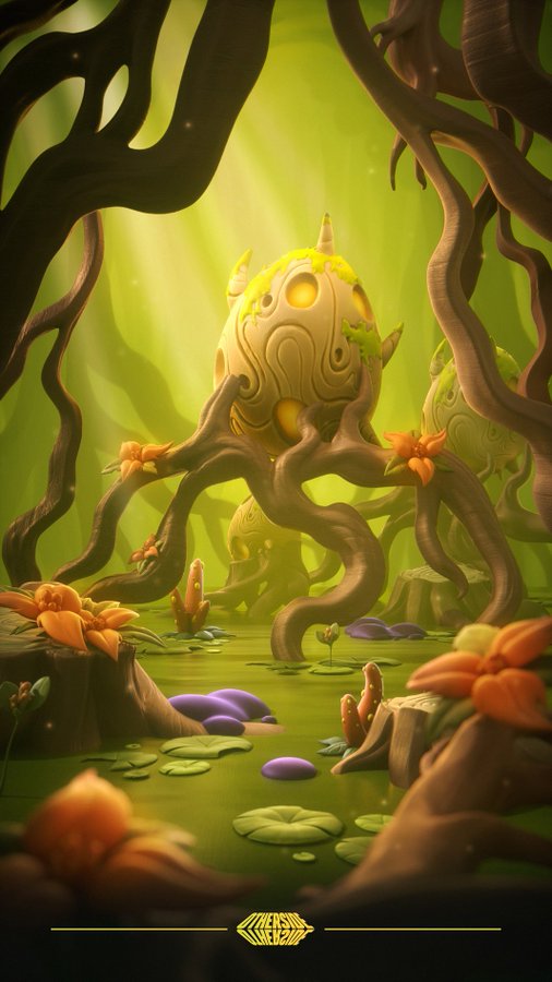 A fantasy digital illustration of a swampy forest scene with twisting tree roots, glowing green light, and a large egg-like structure with horns in the center.