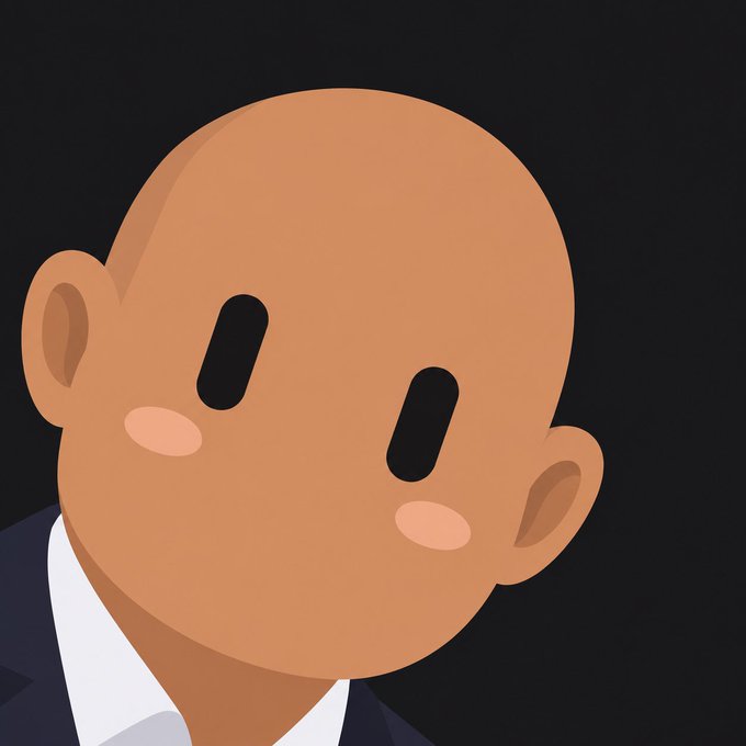 A minimalist cartoon illustration of a bald, tan-skinned character with simple oval eyes and pink cheeks against a dark background.