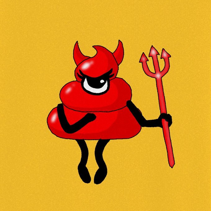 A cartoon red devil poop emoji character with horns, one eye, and holding a red trident against a yellow background.