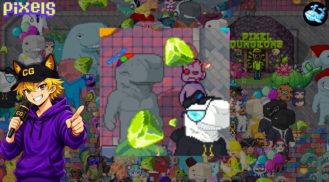 An anime-style character wearing a "CG" cap and holding a microphone appears in front of a "PIXEL DUNGEONS" banner, surrounded by pixel art creatures and a central whale figure with green crystalline elements, reflecting the poster's excitement about their first Whale UGC creation in Pixels and the start of their UGC learning journey with the @SSofWhales team.