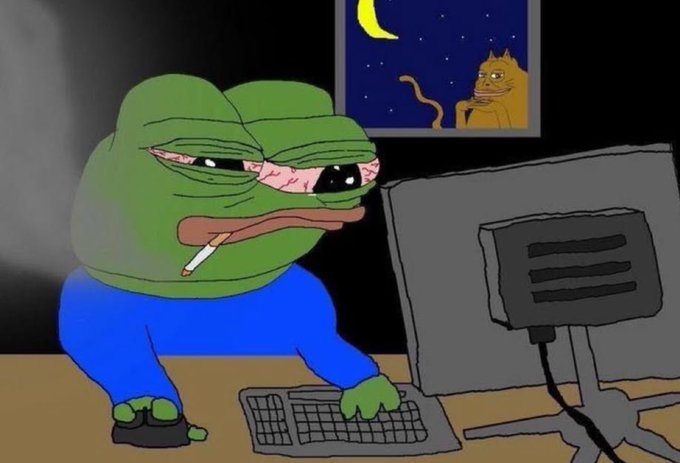A cartoon image of a bloodshot-eyed Pepe the Frog smoking a cigarette while typing on a keyboard at a computer late at night, with another frog visible through a window.