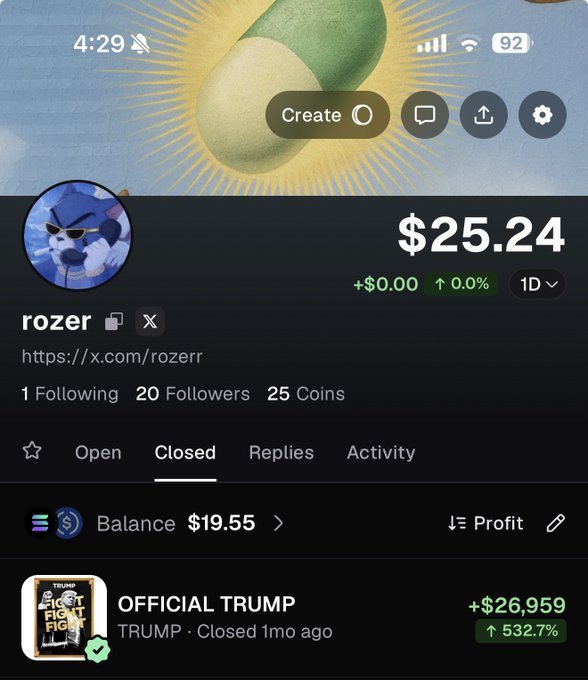 A Polymarket profile for "rozer" (linked to X.com/rozerr) shows a $25.24 balance with +0.00 (0.0%) change and 25 Coins, alongside a balance of $19.55 and a closed position on "OFFICIAL TRUMP" yielding +$26,959 (532.7%). The post promotes the user's pump.fun profile to potential followers interested in prediction market trading.