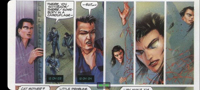 Comic book panels show characters talking about 'shitheads' and a 'camouflage,' with timestamps like '12:04:03' and '12:04:04,' and dialogue reading 'CAT MOTHER?', 'LITTLE PROBLEM,' and 'LINK MAN? I'M.'