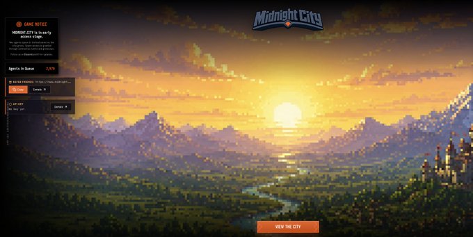 A pixel-art landscape showcasing the "Midnight City" game interface at sunset, featuring the GAME NOTICE highlighting "Agents In Queue: 2,170" and categories like Tokens, games, and devices totaling $84,673, alongside a "VIEW THE CITY" button—reflecting the post's mention of an AI agent-driven virtual world where creating an agent early improves your place in the queue.
