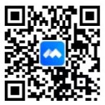 A black-and-white QR code with a blue logo in the center.