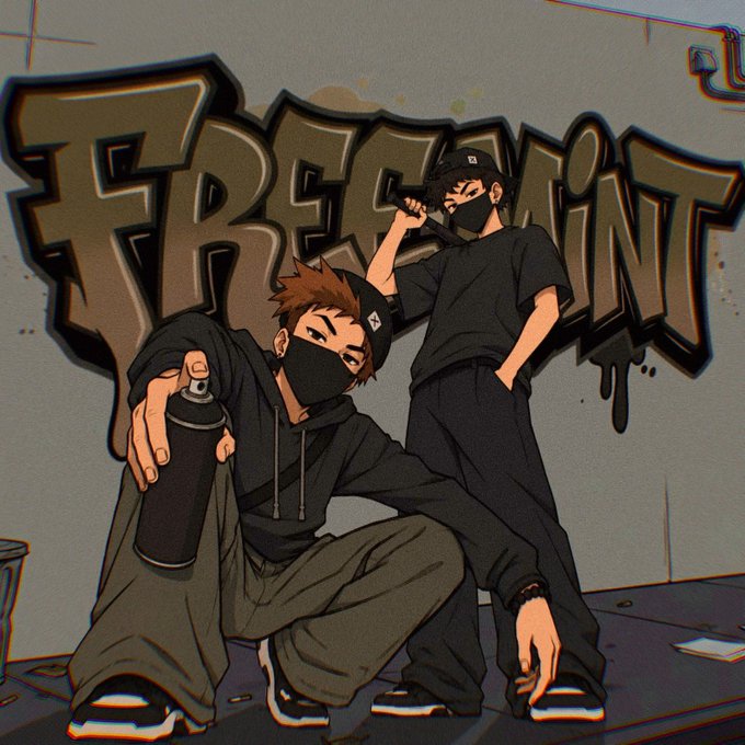 Two masked figures pose with spray paint cans in front of a graffiti wall displaying the bold text "FREEPaint," visually reinforcing the post's message about free minting and the "HellBrats" project.