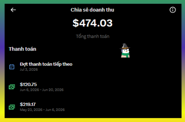 A mobile app revenue sharing screen in Vietnamese titled 'Chia sẻ doanh thu' showing a total payment of $474.03, with scheduled upcoming payment of $120.75 (Jun 6-20, 2026) and $219.17 (May 23-Jun 6, 2026), decorated with a small wizard/pirate penguin emoji.