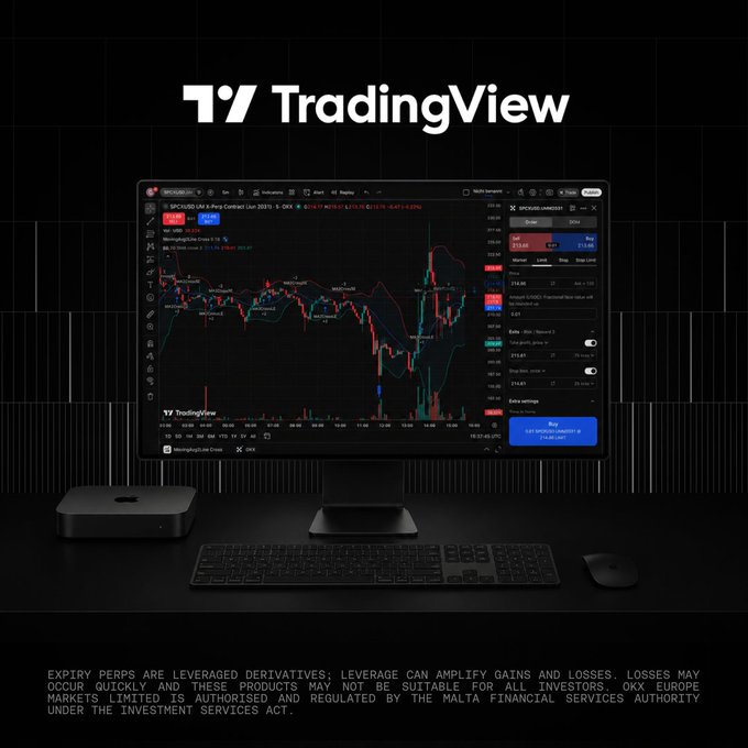 The image features a computer screen displaying an active trading dashboard for Bitcoin, Gold, Oil, and more. It also shows a small device such as a mouse positioned close to the right edge of the screen. Above this, there are words on a black background that explain how these digital assets can be traded through the TradingView platform, specifically X-Perps (exclusive trader) which facilitates direct trading with financial markets without the need for traditional banking systems. This means users can directly trade these cryptocurrencies and other assets at any time by connecting to an authorized X-Perp broker using their OKX account. The words "SPCX, Oil, Gold and more are now tradeable as X-Perps directly on @TradingView" emphasize that this platform is specifically designed for trading X-Perps.