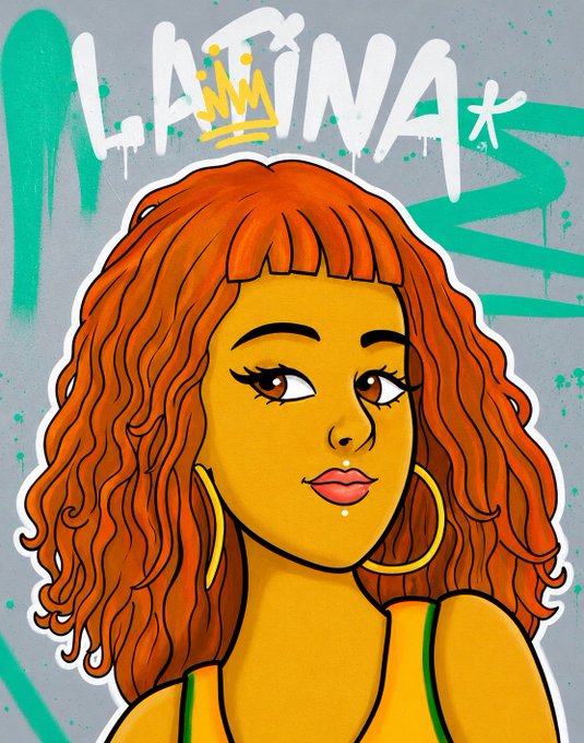 A graffiti-style illustration of a woman with orange curly hair, a crown, and a lip piercing, with the name "LATINA" painted in white graffiti lettering above her on a gray background.