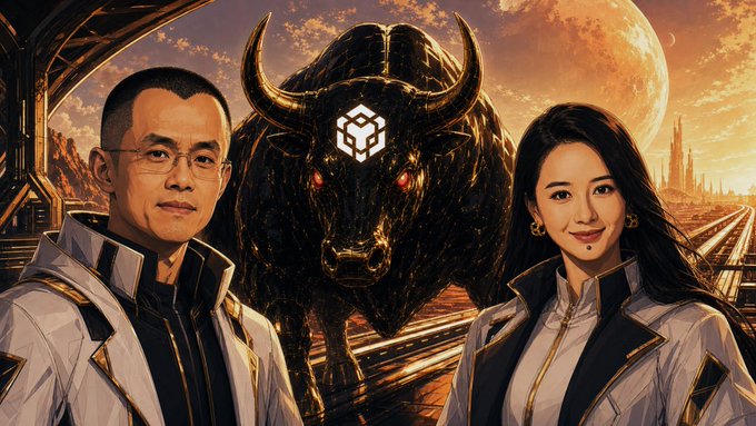 The image features Binance founders Changpeng Zhao (CZ) on the left and Yi He on the right, standing on either side of a powerful, dark bull with red eyes, set against a dramatic cosmic backdrop with a large planet in the sky and a futuristic cityscape. The Binance logo is prominently displayed on the bull's forehead, symbolizing the strength and resilience of BNB through market cycles. This visual reinforces the post's message about BNB enduring through nine years of bull and bear markets, with the bull representing epic, long-term strength in the crypto space.