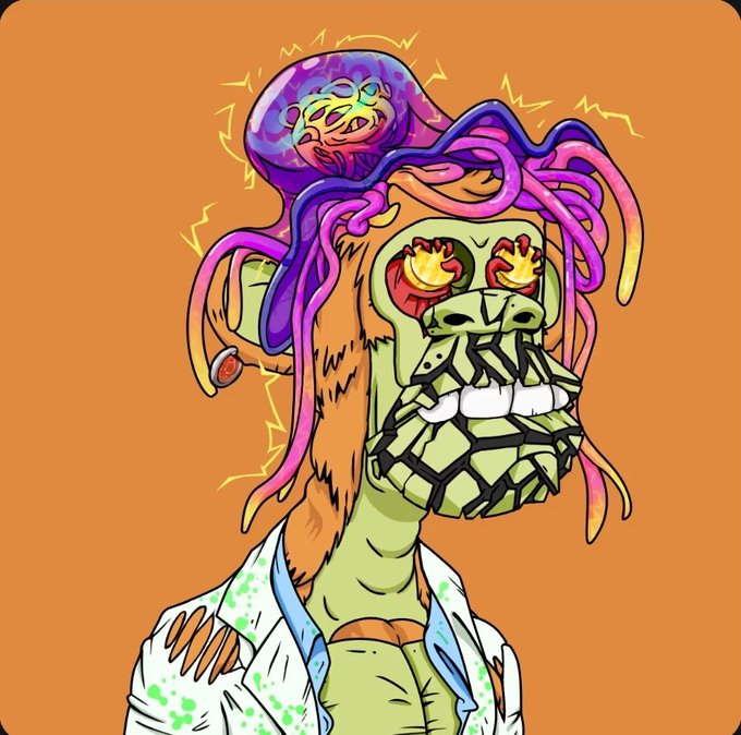 A colorful digital illustration of a grotesque humanoid character with green skin, a purple octopus-like creature on its head, and flaming eyes, set against an orange background.