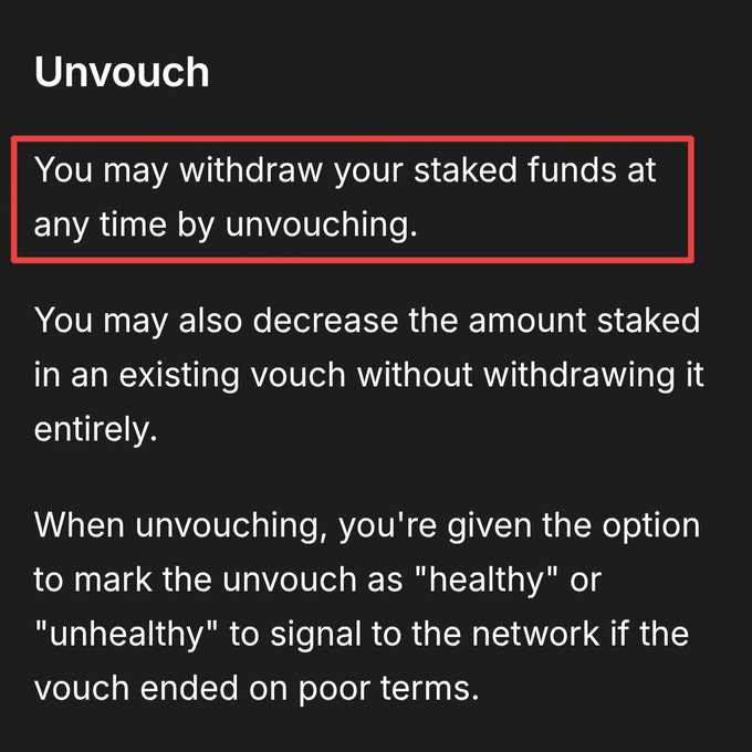 The image shows an "Unvouch" section from the Ethos Network platform, highlighted with a red box emphasizing that users can withdraw staked funds anytime by unvouching, with additional options to decrease stakes or mark the unvouch as "healthy" or "unhealthy." This relates to the post's strategy of vouching $WHUF tokens during the sale, where the user can potentially unvouch to claim the guaranteed 85%-90% refund if the vouch ends on poor terms.