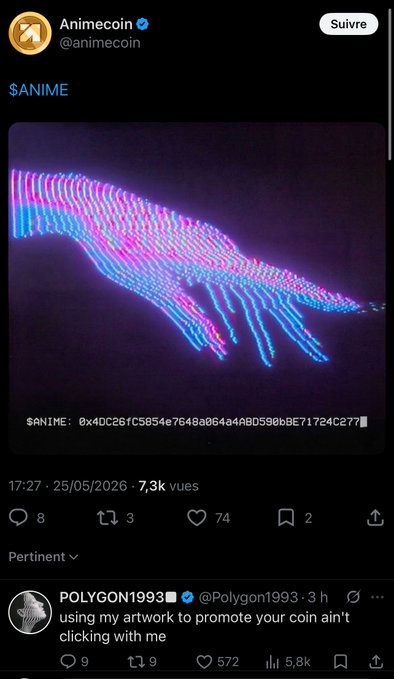 The image shows a social media post featuring an anime character's hand with blue lines drawn over its fingers, which has been reposted as a hashtag on Twitter. The post includes a caption that reads "Using my art to promote your coin then delete it as if it never existed, without any excuses? Can't we be better in this space?" The image also contains the text "@Azuki @animecoin".