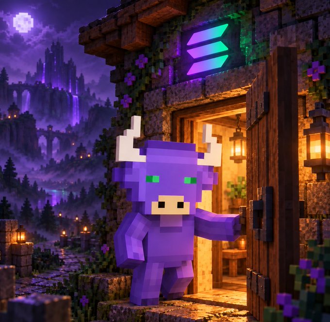 A 3D voxel-style illustration features a purple blocky creature with green eyes and white horns standing at the entrance of a stone cottage, set against a fantasy landscape with a glowing moon and purple sky.