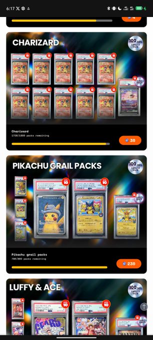 The image shows a page with three separate posts showcasing Pokemon cards, each offering different features and games. The first post displays a variety of Pokémon cards from different packs. The second post provides an interactive game called "Minecraft Charizard" for these cards. The third post introduces "Luffy & Ace", which is a new gameplay experience using the Charizard cards. It also includes a list of prices for the items featured in each post, and a button that says "Up". This combination of posts creates an interesting contrast and provides gamers with multiple options to explore when playing or collecting Pokémon cards.