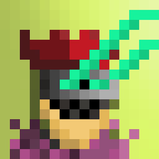 Pixel-art artwork of a red-and-green creature or character against a bright yellow-green background.