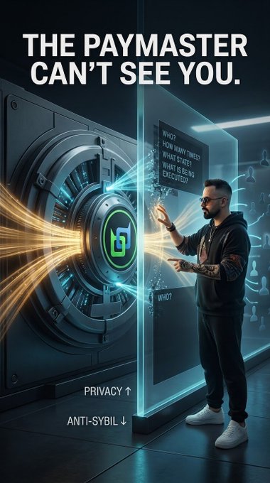A promotional graphic reading 'THE PAYMASTER CAN'T SEE YOU' depicts a man interacting with a futuristic transparent vault interface displaying 'WHO?', 'HOW MANY TIMES?', 'WHAT STATE?', 'WHAT IS BEING EXECUTED?', 'WHEN?' with 'PRIVACY ↑' and 'ANTI-SYBIL ↓' labeled at the bottom.