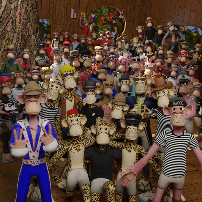 A dense crowd of 3D animated monkey characters wearing various costumes including sailor outfits, leopard prints, and striped shirts gathers in what appears to be a wooden room with flags hanging above.